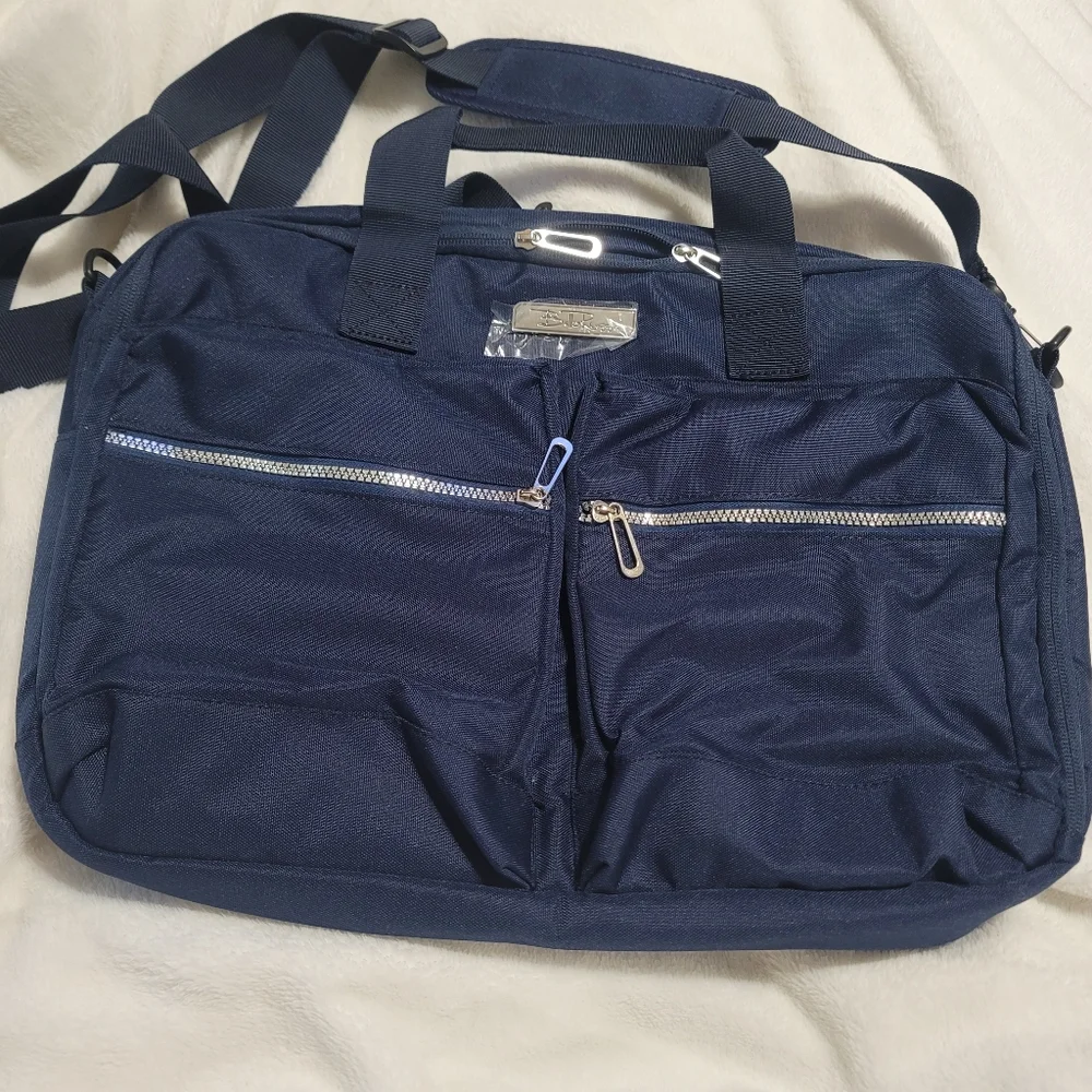 New Laptop Bag Messenger Travel Navy Blue Bella Russo Work Tote Silver Hardware‎